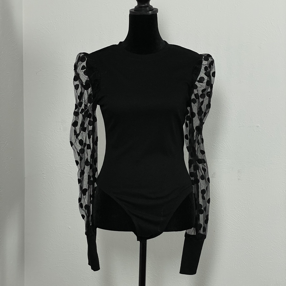 Black Thong Bodysuit with Sheer Polkadot sleeves